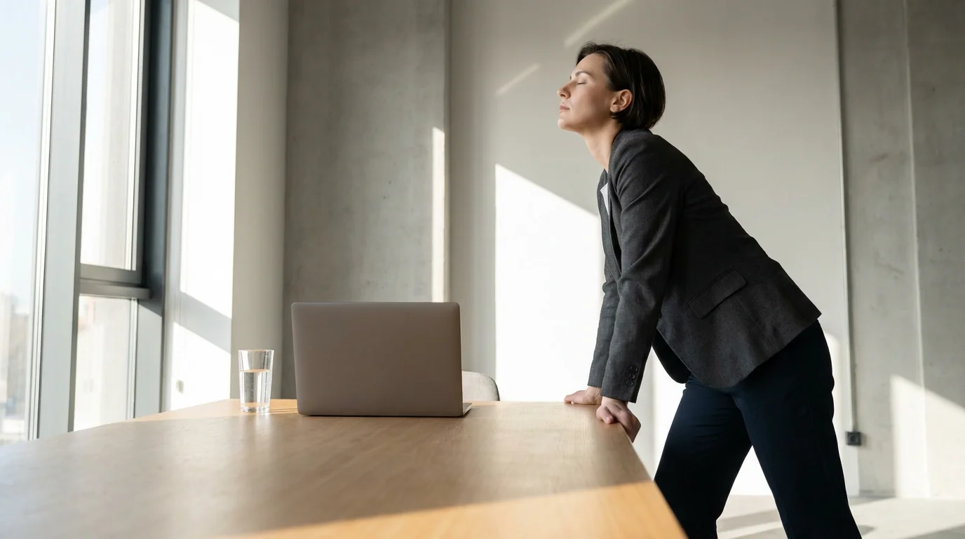 Professional stands exhausted at desk in natural window light, re-evaluating draining goals.