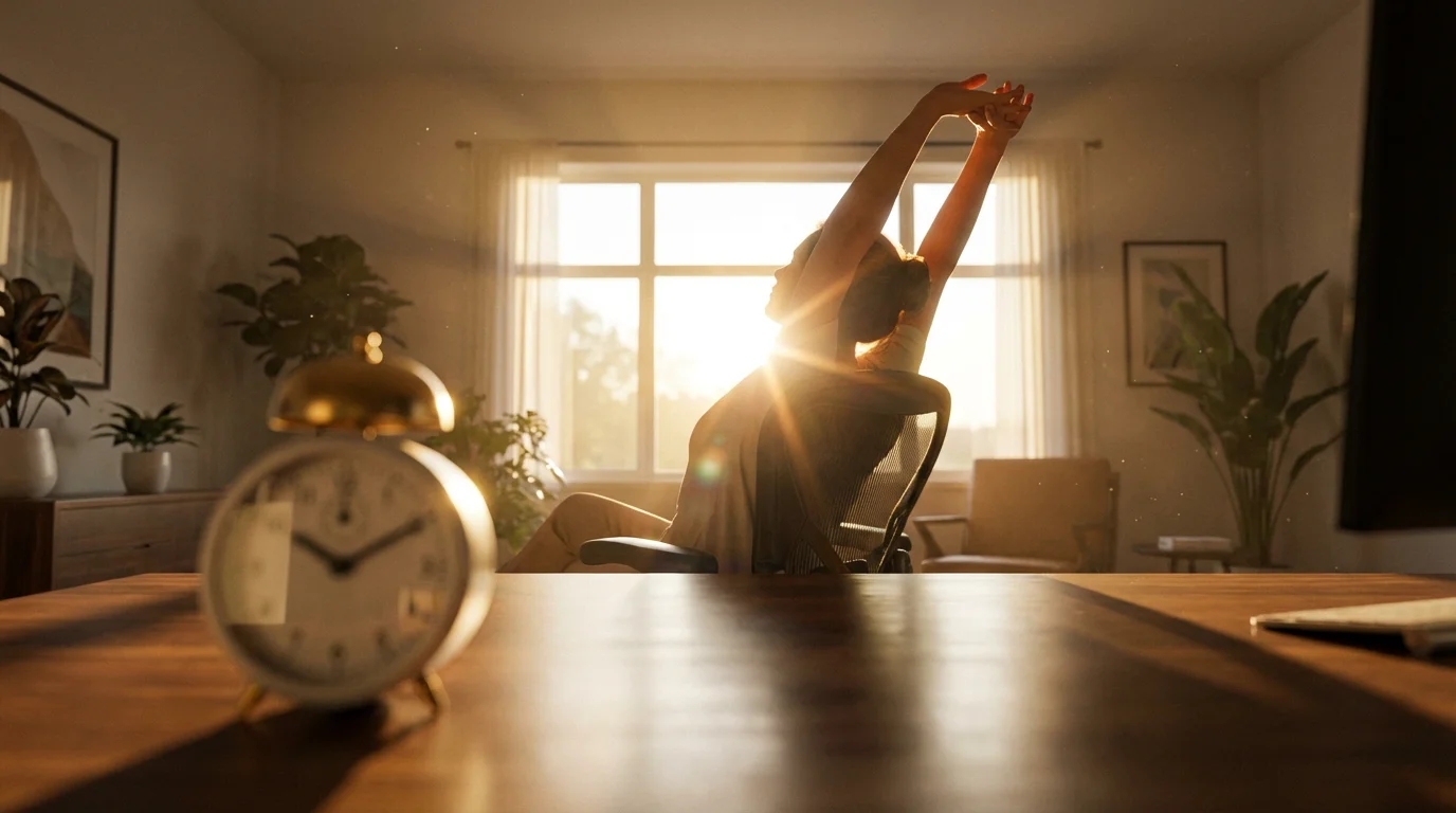 Professional stretching back in office chair during golden hour sunset with timer in foreground.