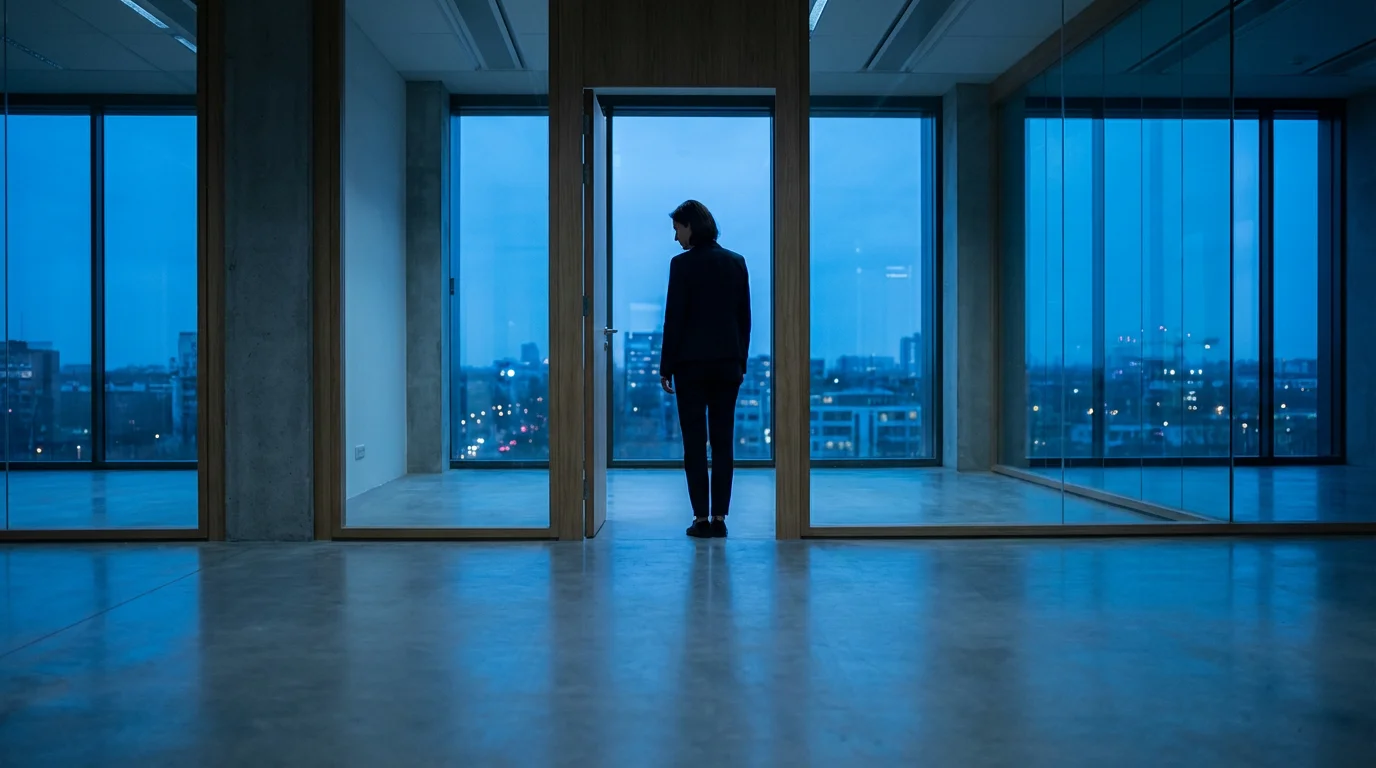 Professional taking a deliberate pause near a window during blue hour to reset focus.