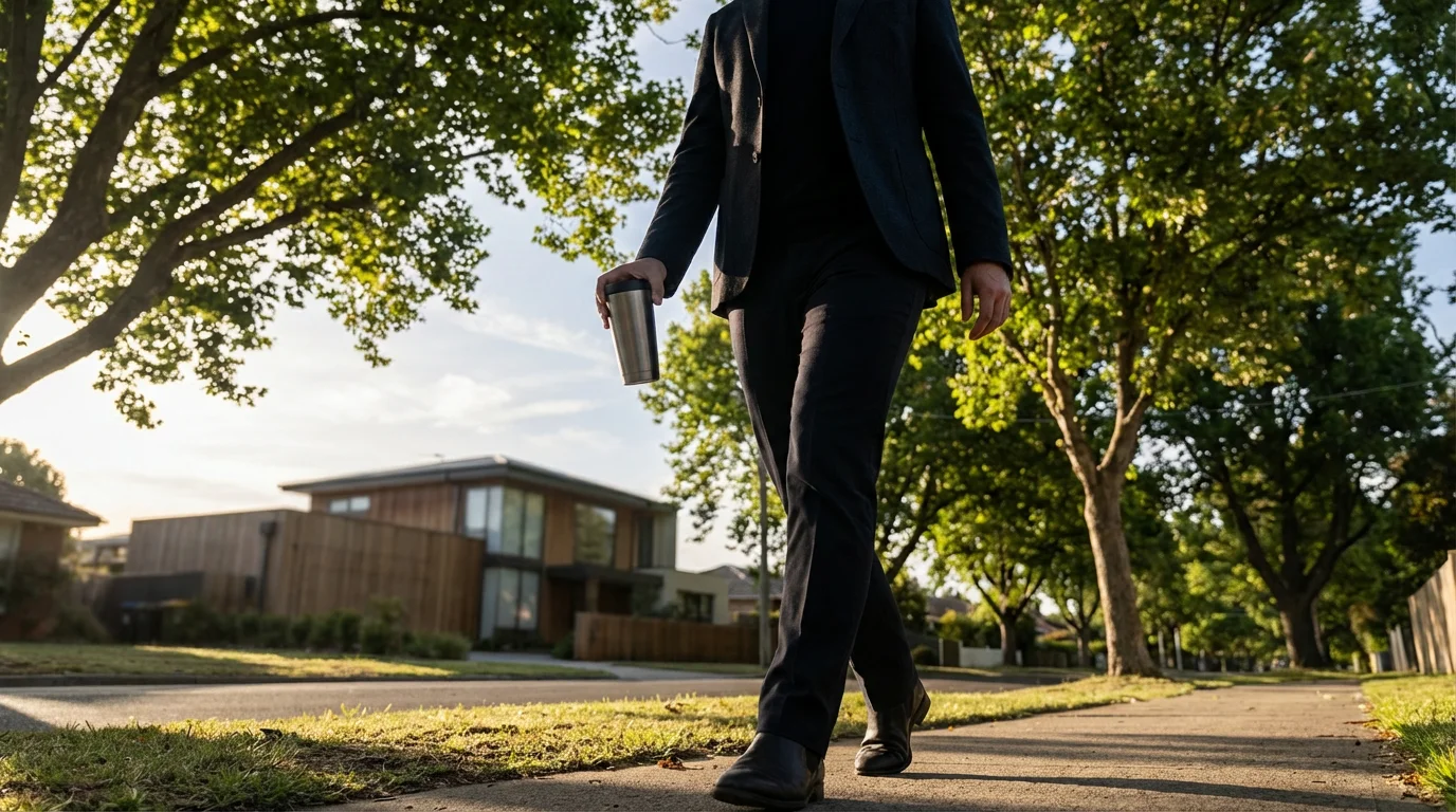 Professional taking a determined morning walk on a sidewalk in soft light, simulating a commute.
