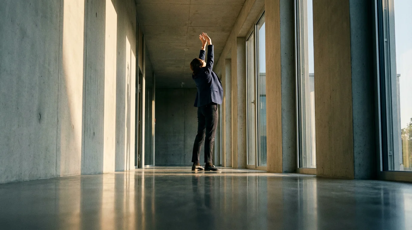 Professional taking a movement break, stretching high in a sunlit modern office hallway with dramatic shadows.