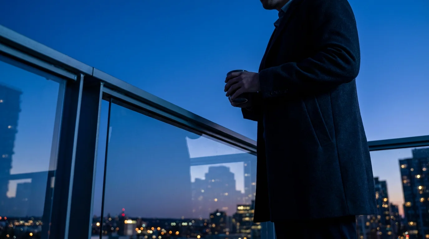 Professional taking a relaxing break on an urban balcony during blue hour evening.