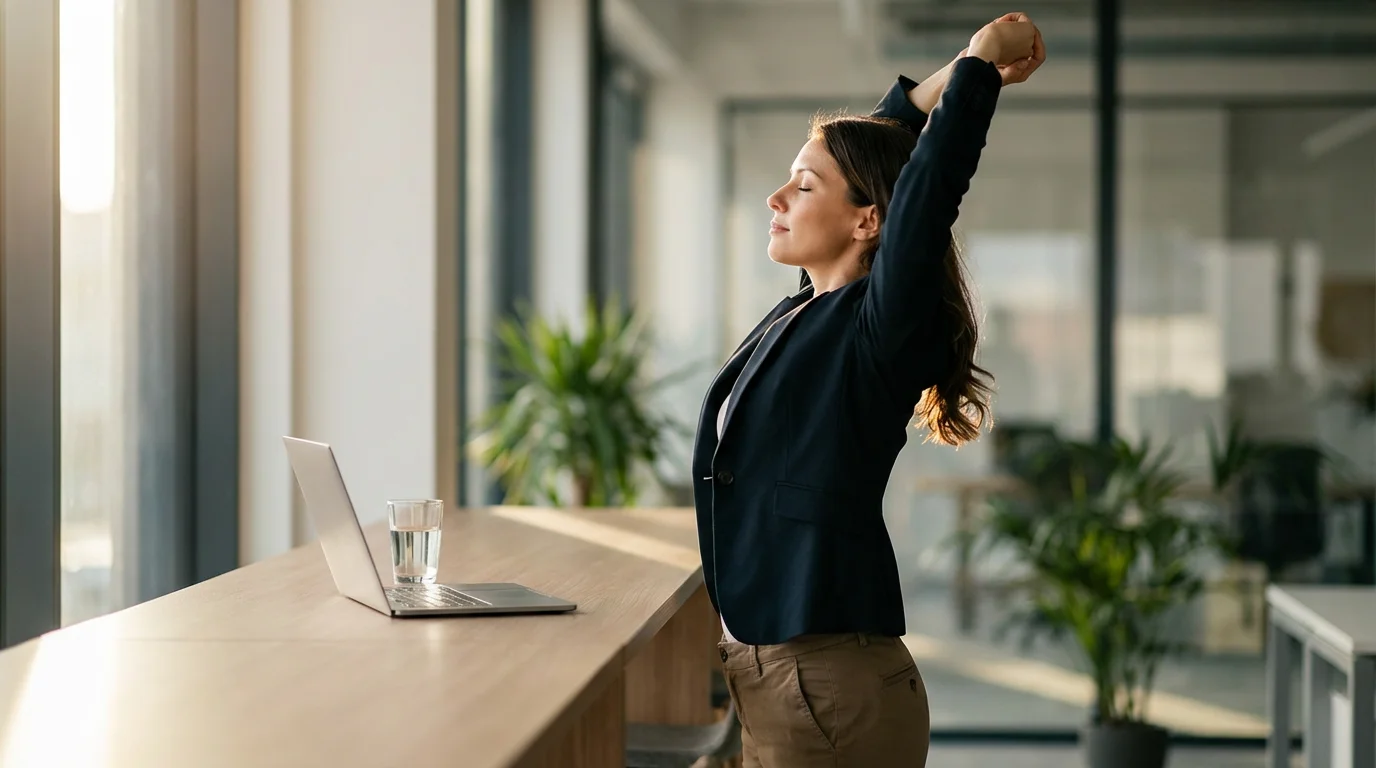 Professional taking a strategic break, stretching in natural window light for mental clarity.