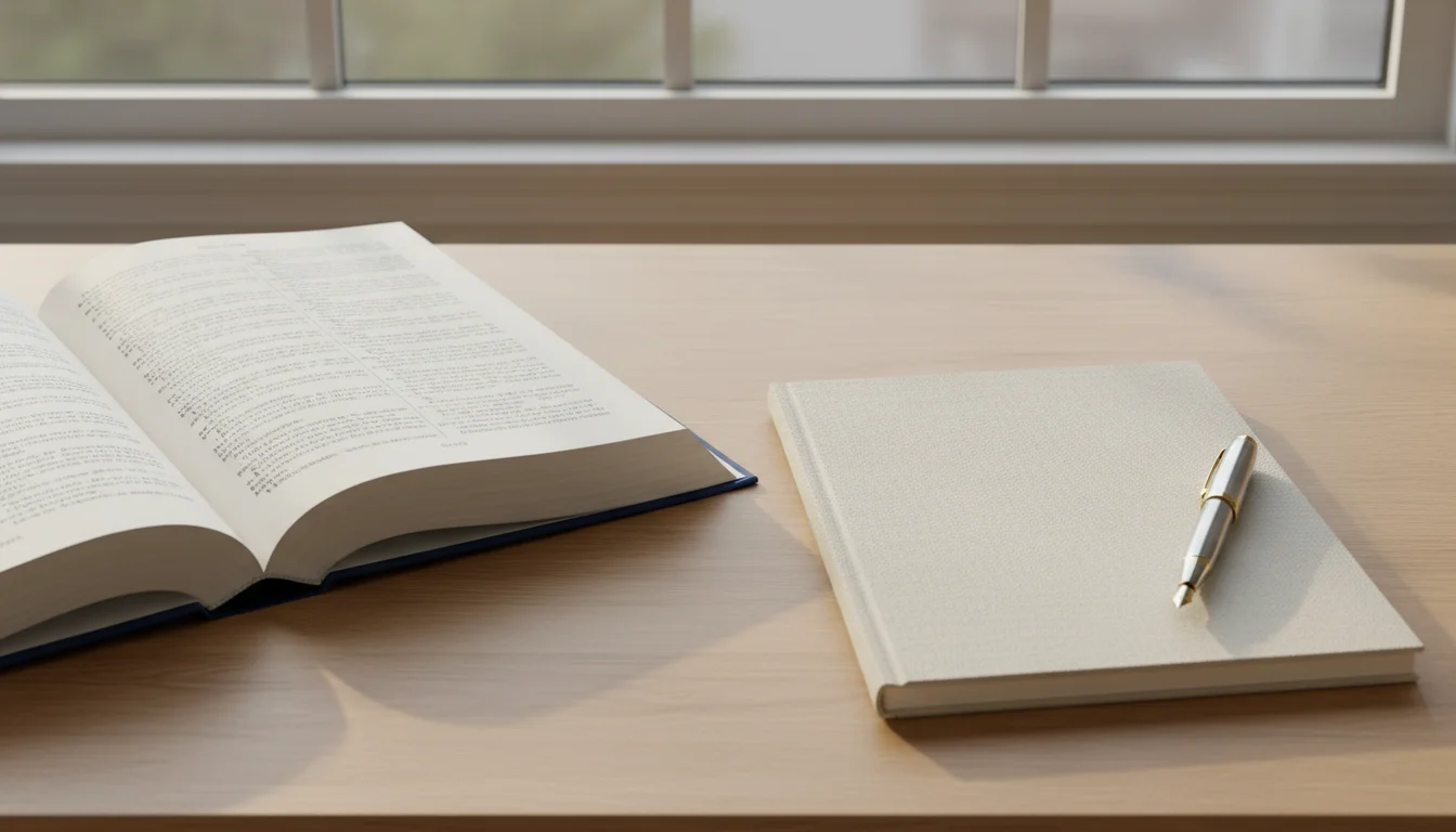Professional textbook open on a light wooden desk, next to a blank notebook and fountain pen.