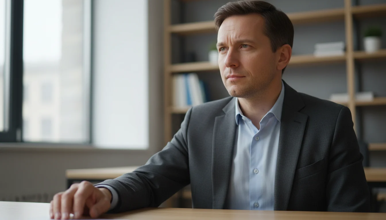 A professional in their 30s, looking up and away, with a thoughtful, then resolute expression.