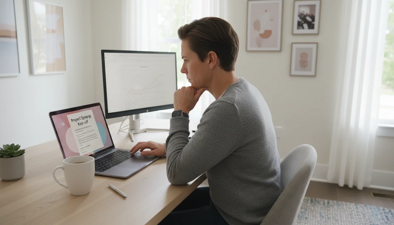 A professional thoughtfully scrutinizes a meeting invite on their laptop in a clean, daylight-filled home office.