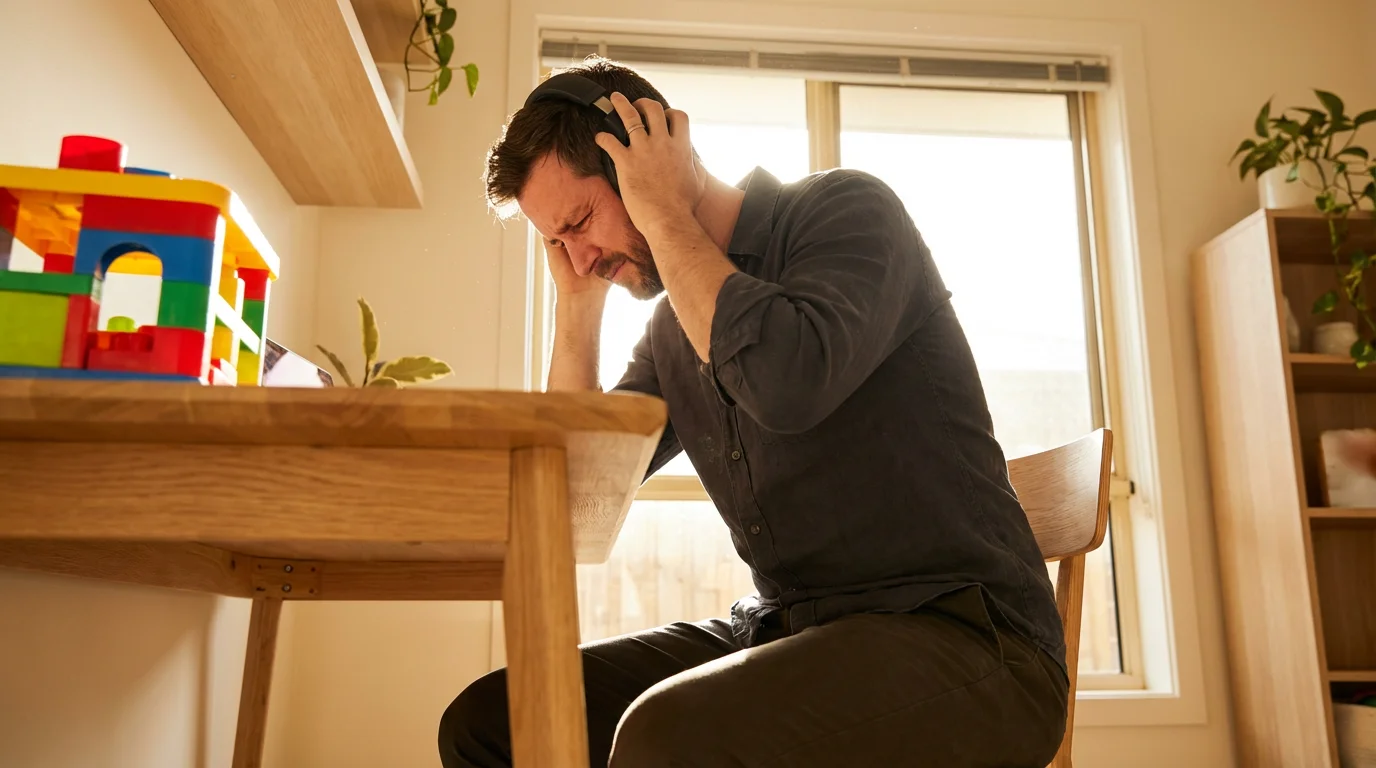 Professional trying to block out noise and distraction using headphones in a chaotic home office during golden hour.