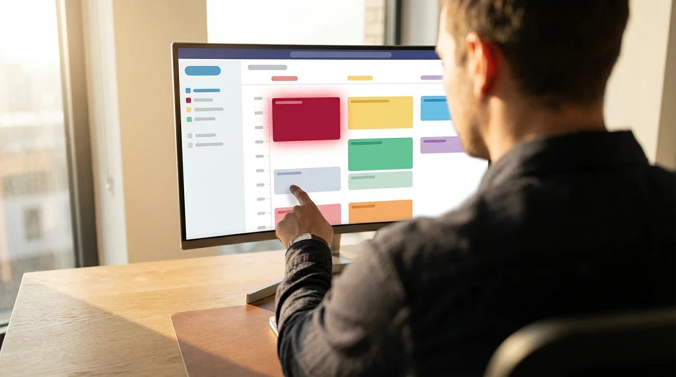 Professional uses a decisive finger gesture to adjust schedule blocks on a digital calendar interface.