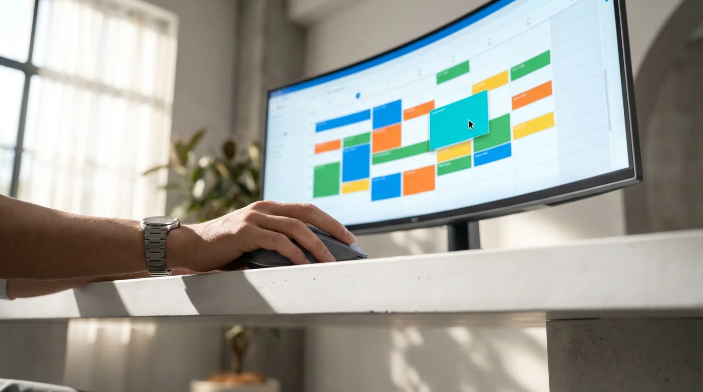 Professional uses a mouse to set up structured time blocks on a large digital calendar screen.