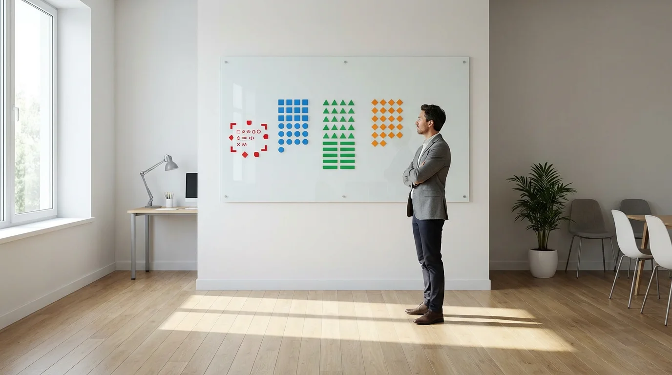 Professional uses a wall board and geometric markers to track deep work completion and distractions.