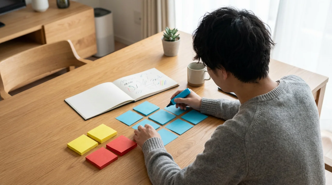 Professional uses colored sticky notes and highlighters to map out and categorize their time schedule.