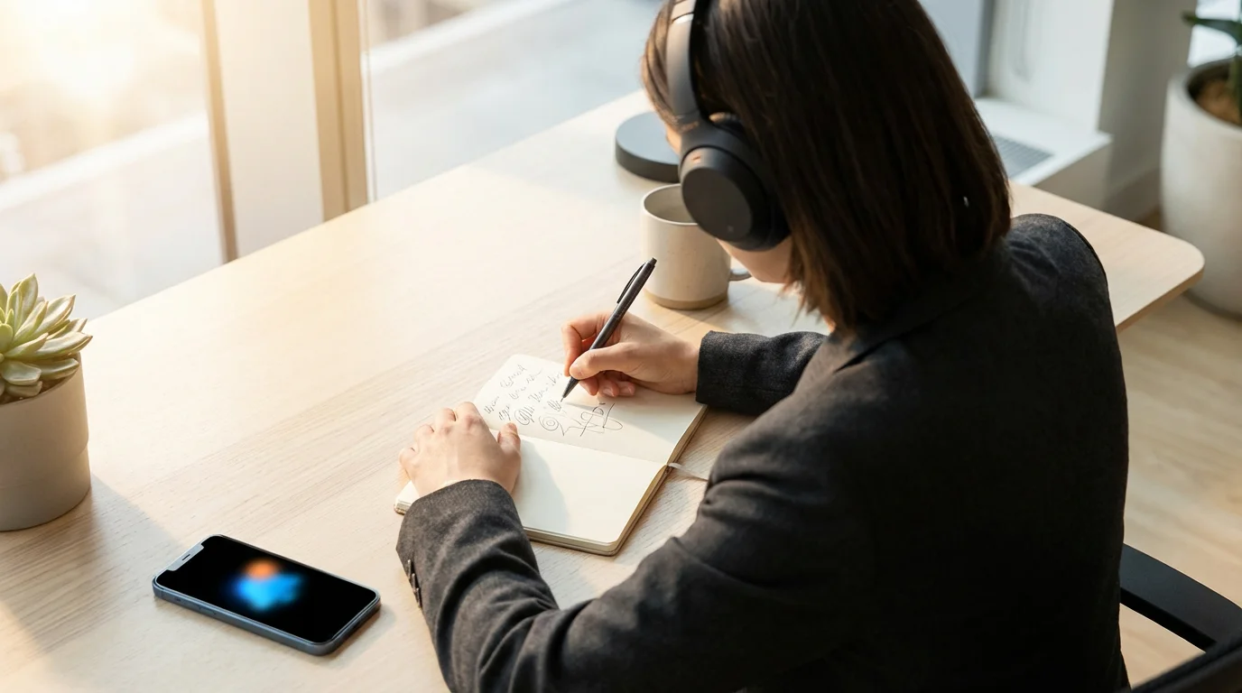 Professional uses noise-canceling headphones and a notebook to capture thoughts, ignoring an urgent phone notification.