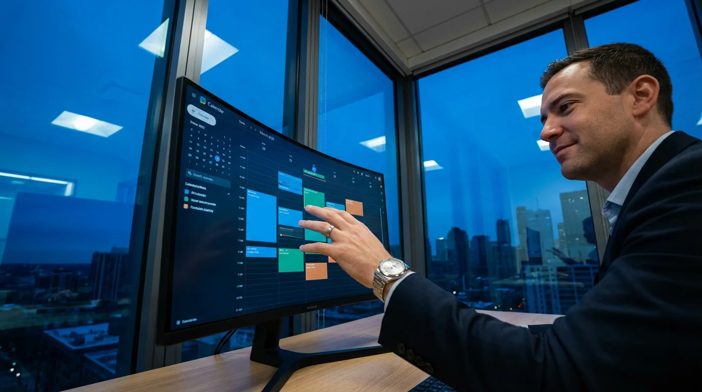 Professional uses the 'drag and drop' method to schedule a task on a computer calendar.