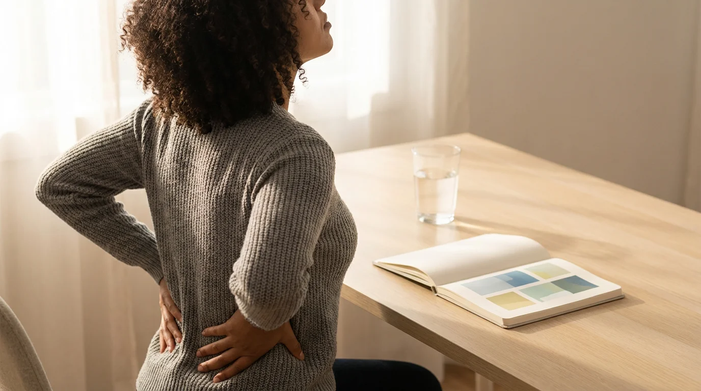 Professional using a micro-habit standing stretch at a minimalist desk bathed in soft morning light.