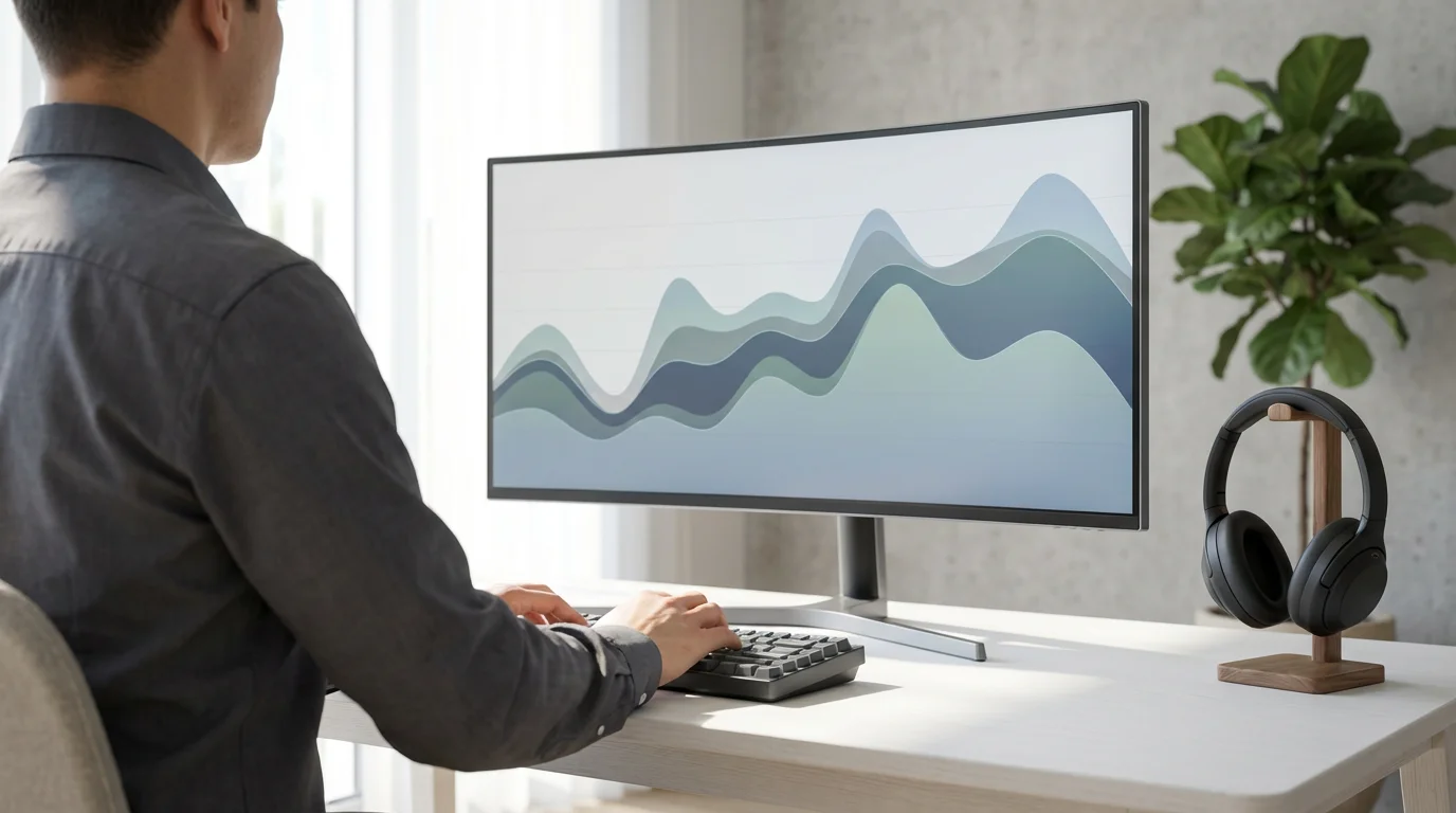 Professional using minimalist technology at a desk, illuminated by bright natural window light.