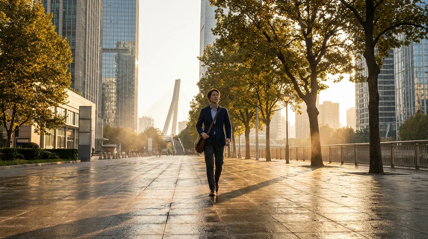 Professional walking down a sunlit city path during golden hour commute, emphasizing scheduled transit.