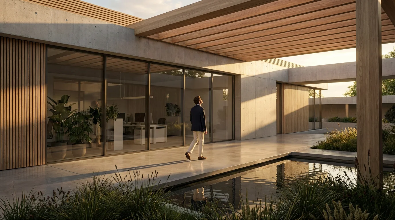 Professional walking into a sunlit, modern office courtyard during golden hour for a strategic break.