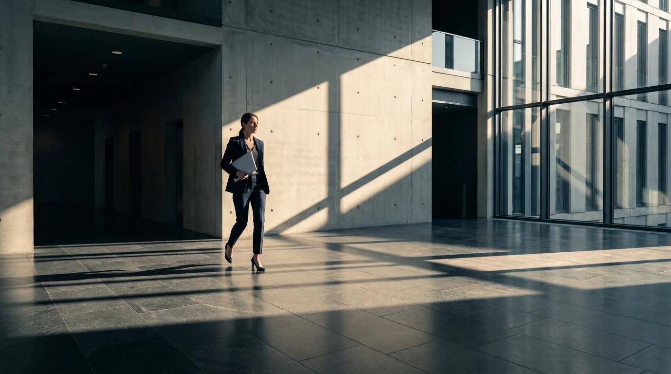Professional walking through sunlit modern office atrium symbolizing adaptability and workflow flexibility.