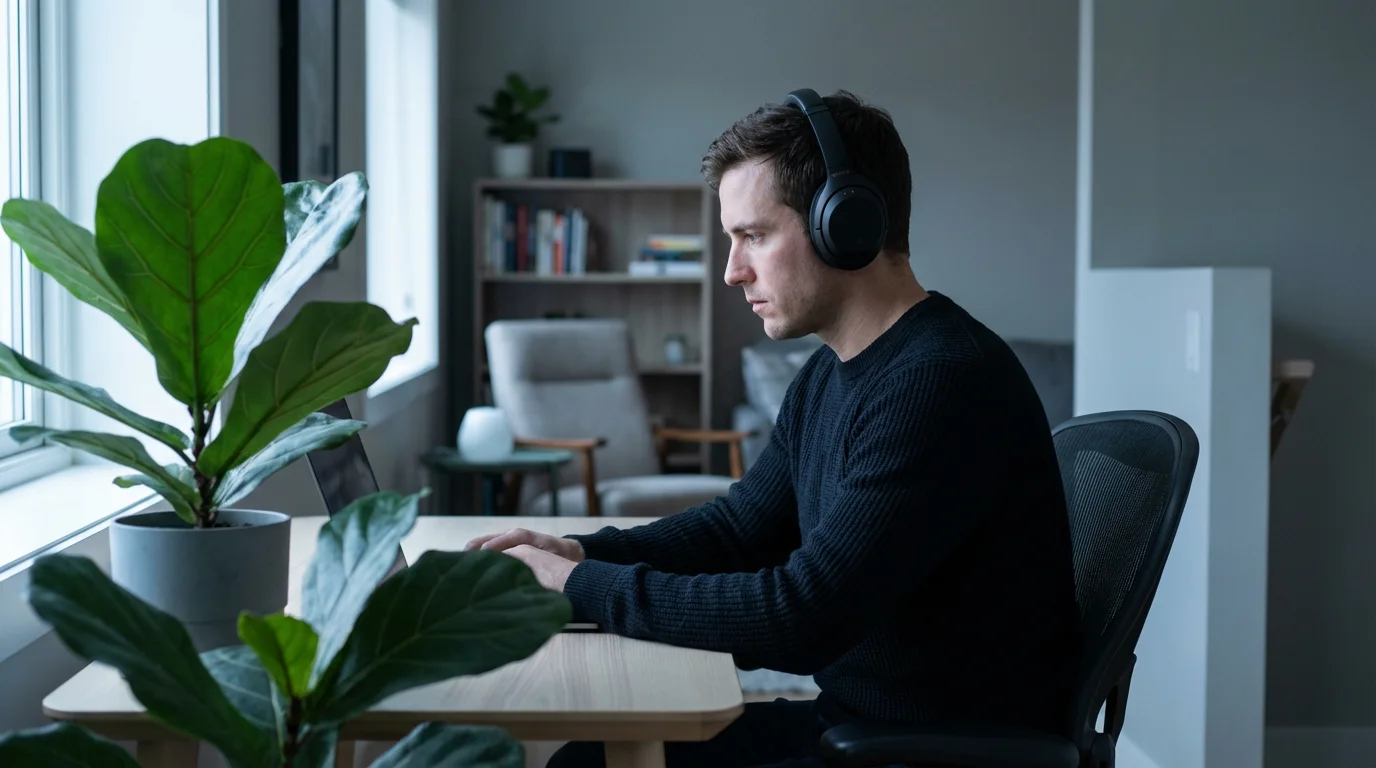 Professional wearing headphones focusing intensely at a desk in a sunlit office.