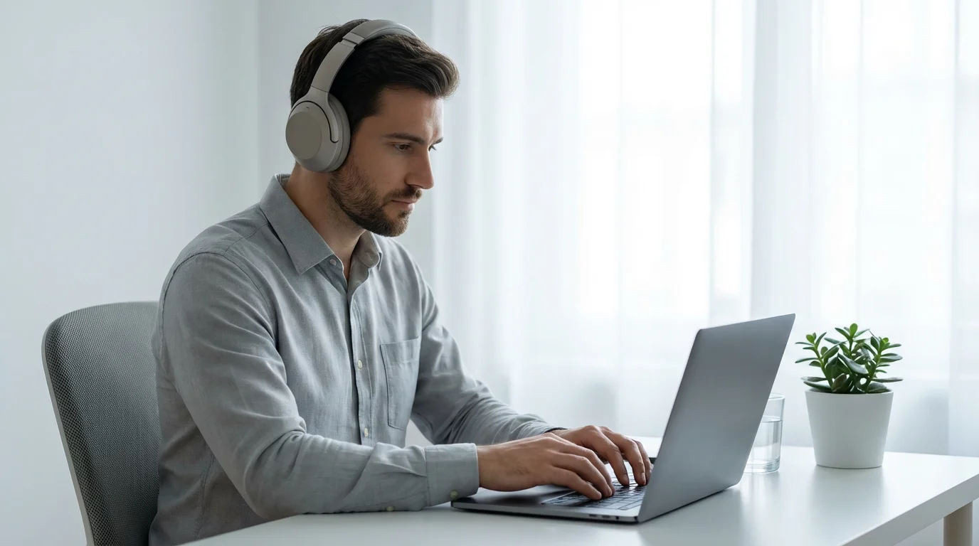 Professional wearing headphones working at a clean, clutter-free desk in soft natural light.