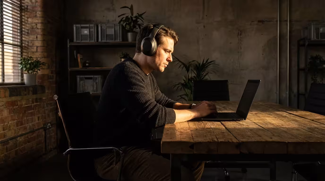 Professional wearing headphones working at a laptop in moody afternoon lighting.