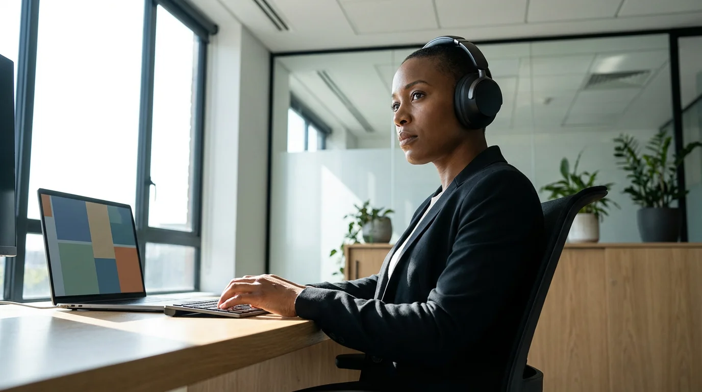 Professional wearing noise-canceling headphones, looking up firmly from deep work, low angle shot.