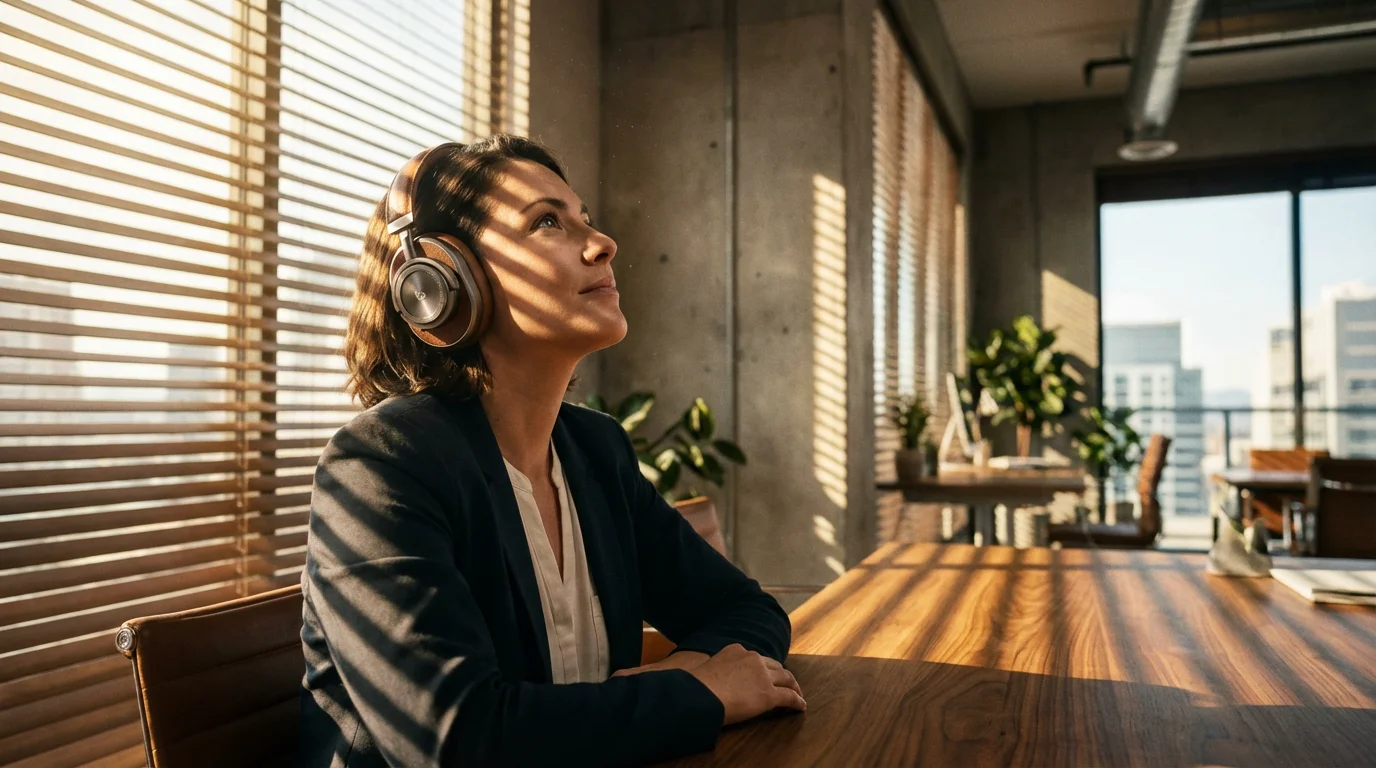 Professional wearing noise-canceling headphones in a sunlit office with dramatic shadows.