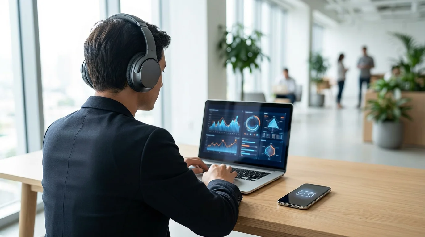 Professional wearing noise-canceling headphones works intently at a desk under natural light.