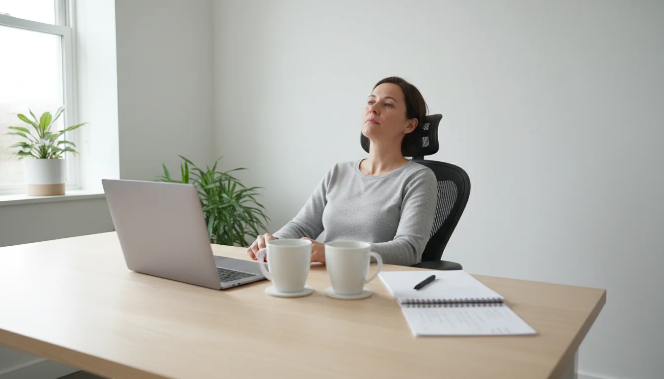 A professional with a weary expression sits at a minimalist light wood desk, leaning back from their laptop. Two identical coffee mugs and a neat note