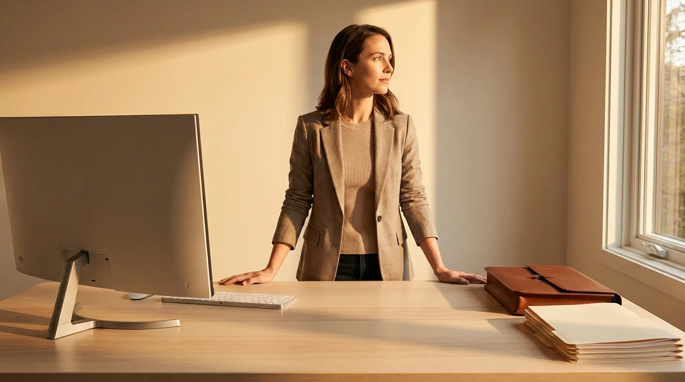 Professional woman balancing remote and office work modes at a desk during golden hour.