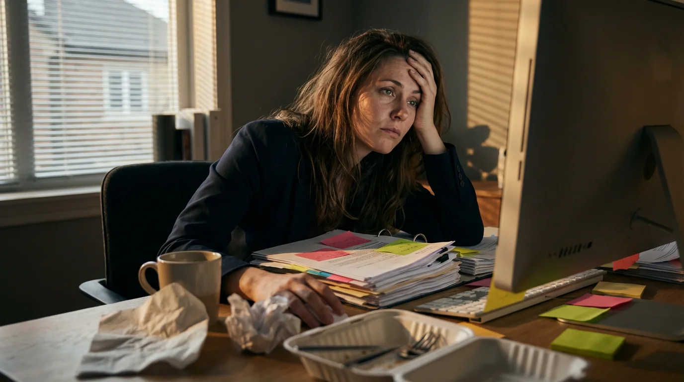 Professional woman feeling overwhelmed and stressed at her cluttered desk during a major deadline.