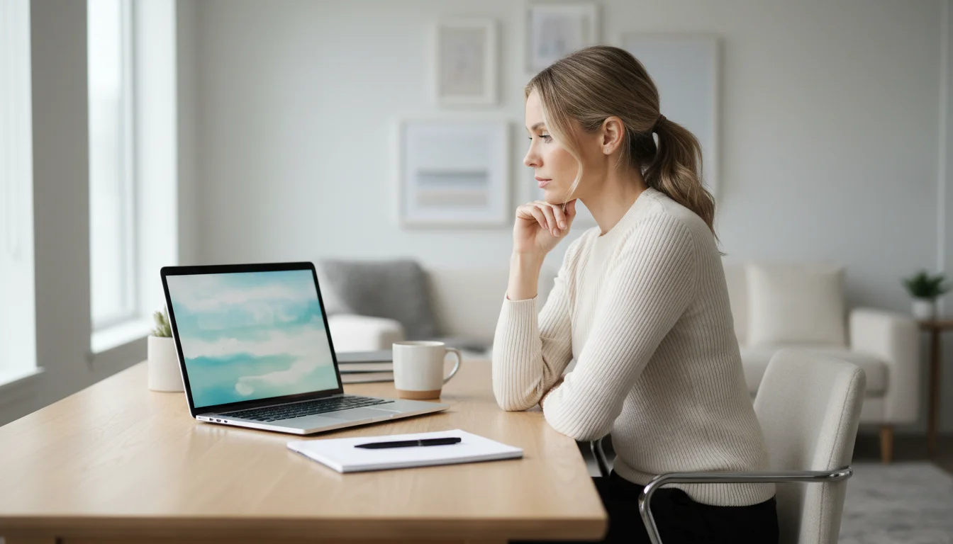 Professional woman at a minimalist desk, hand to chin, gazing thoughtfully. Soft light illuminates quiet reflection.