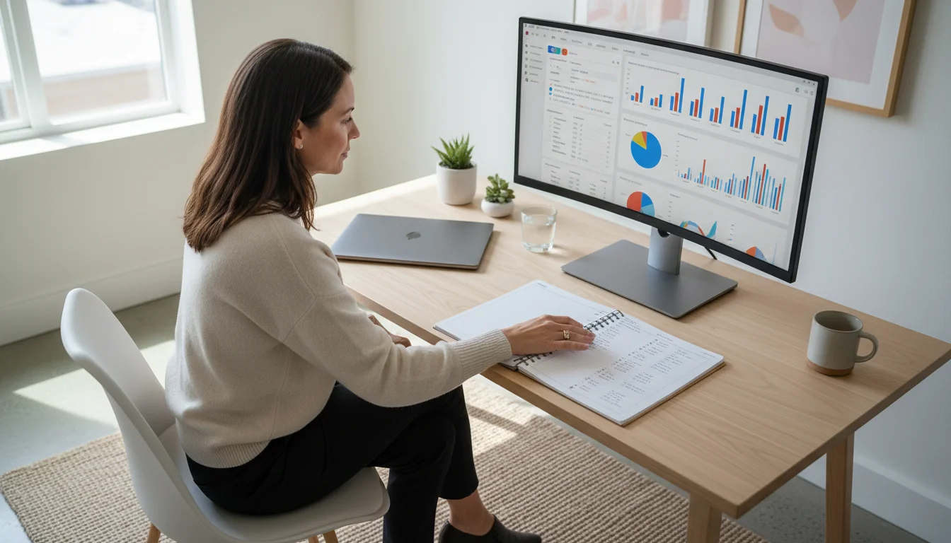 A professional woman at a minimalist light-wood desk, reviewing a complex project on screen while reaching for a physical productivity planner.