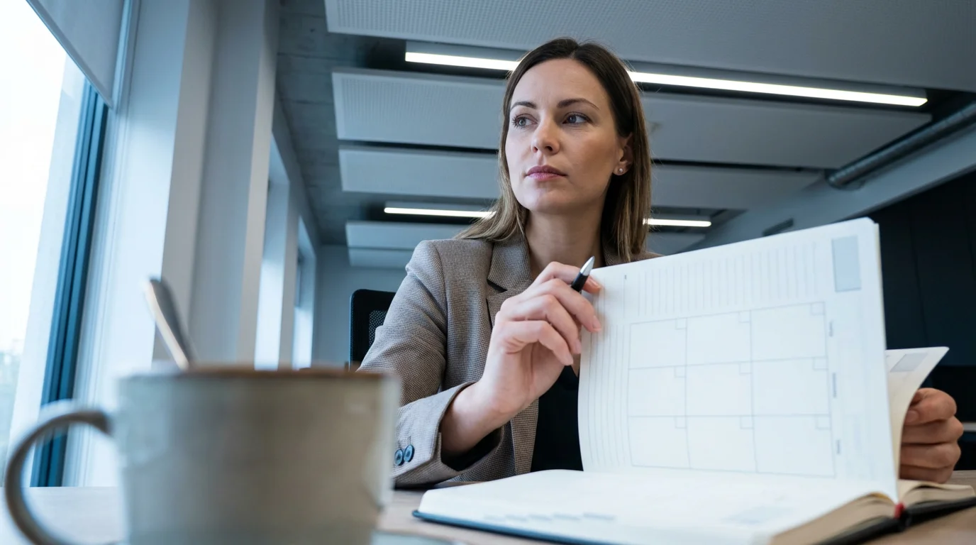 Professional woman organizing daily tasks in a planner at a desk with morning light.