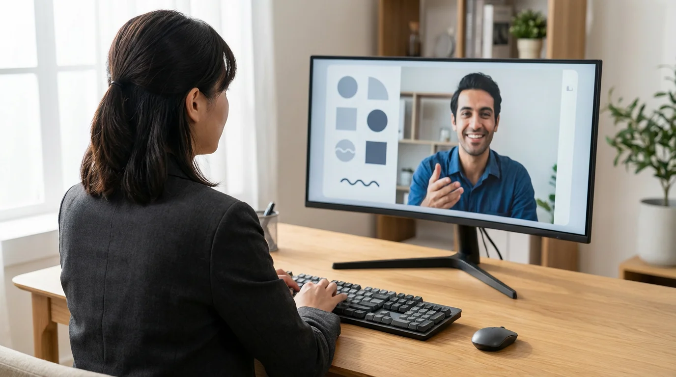 Professional woman participating in an engaging remote team video check-in.