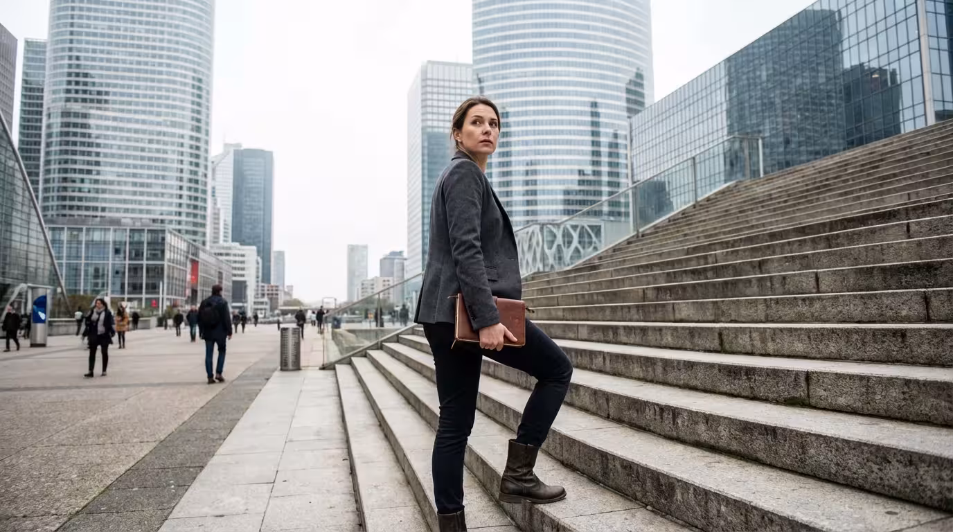 Professional woman pivoting on modern city stairs symbolizing mental adaptability and cognitive flexibility.