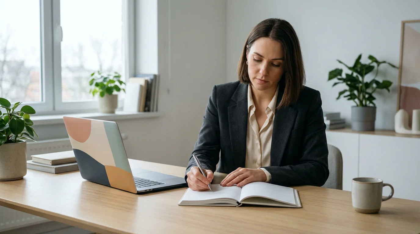 Professional woman planning tasks at a clean desk using a focus block system.
