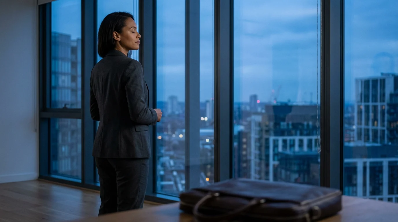 Professional woman practicing a calming micro-habit at a window during blue hour.