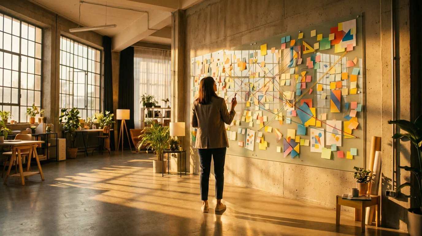 Woman reviewing a wall of sticky notes arranged as a plan in a sunlit office