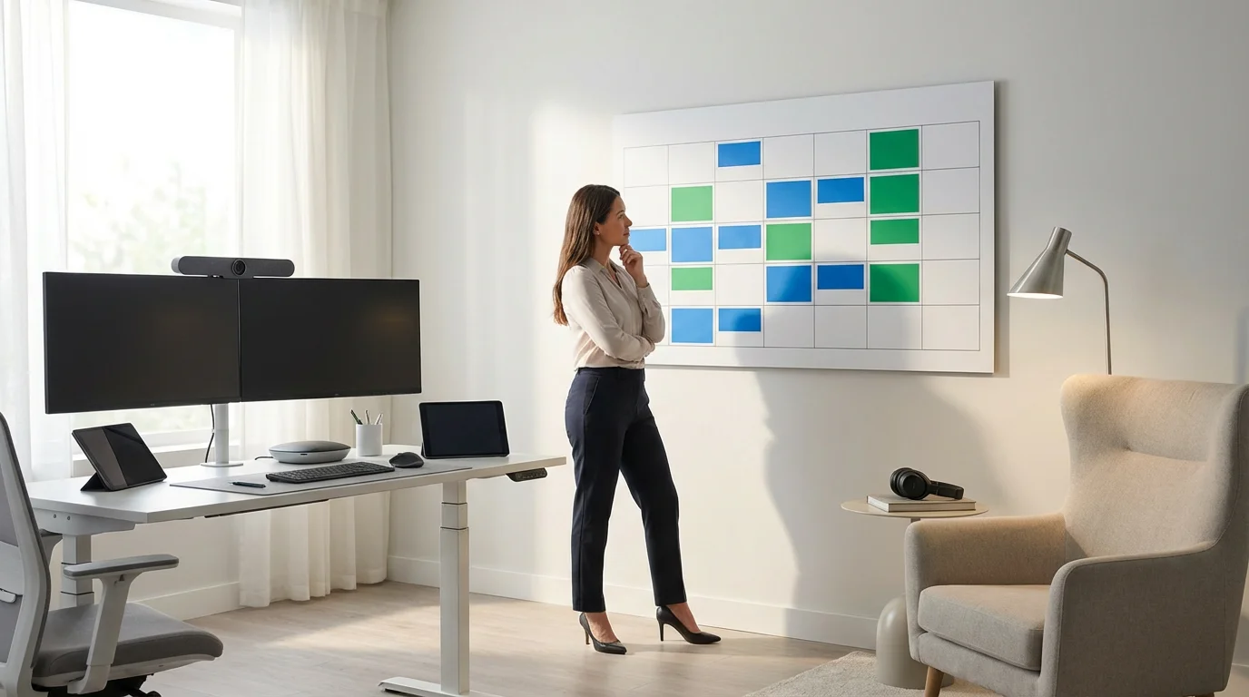 Professional woman reviewing a thematic planning calendar in her organized hybrid home office workspace.