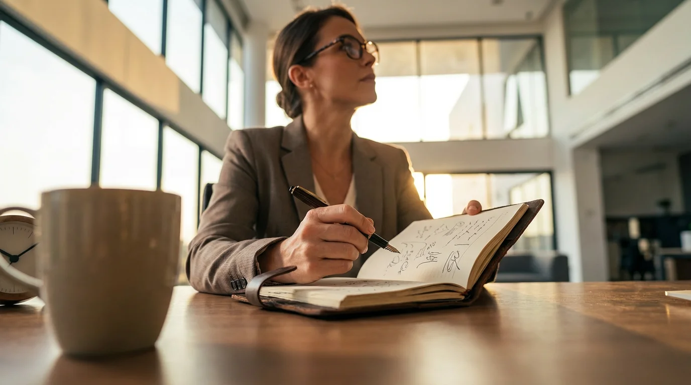Professional woman reviewing notebook planner in sunlit office low angle shot.