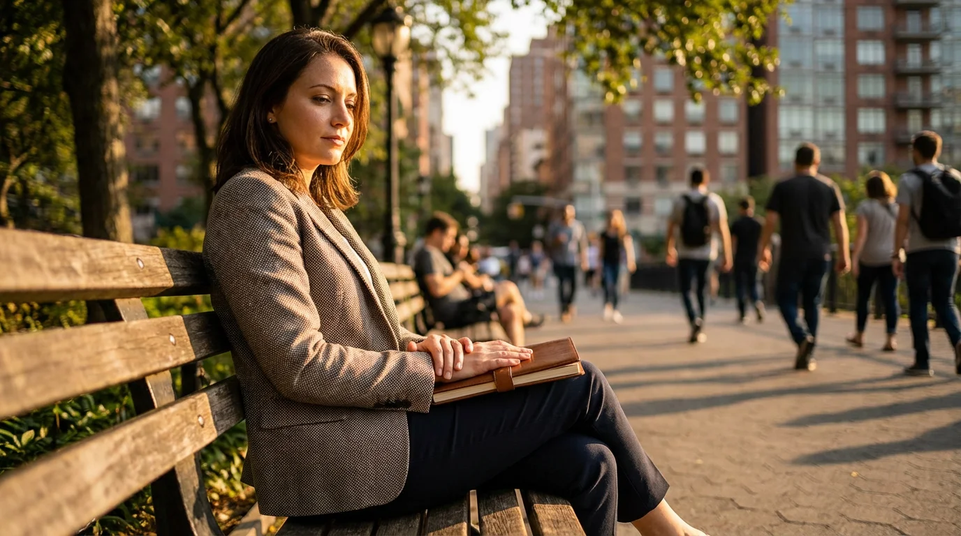 Professional woman sitting on park bench with notebook pausing during golden hour.