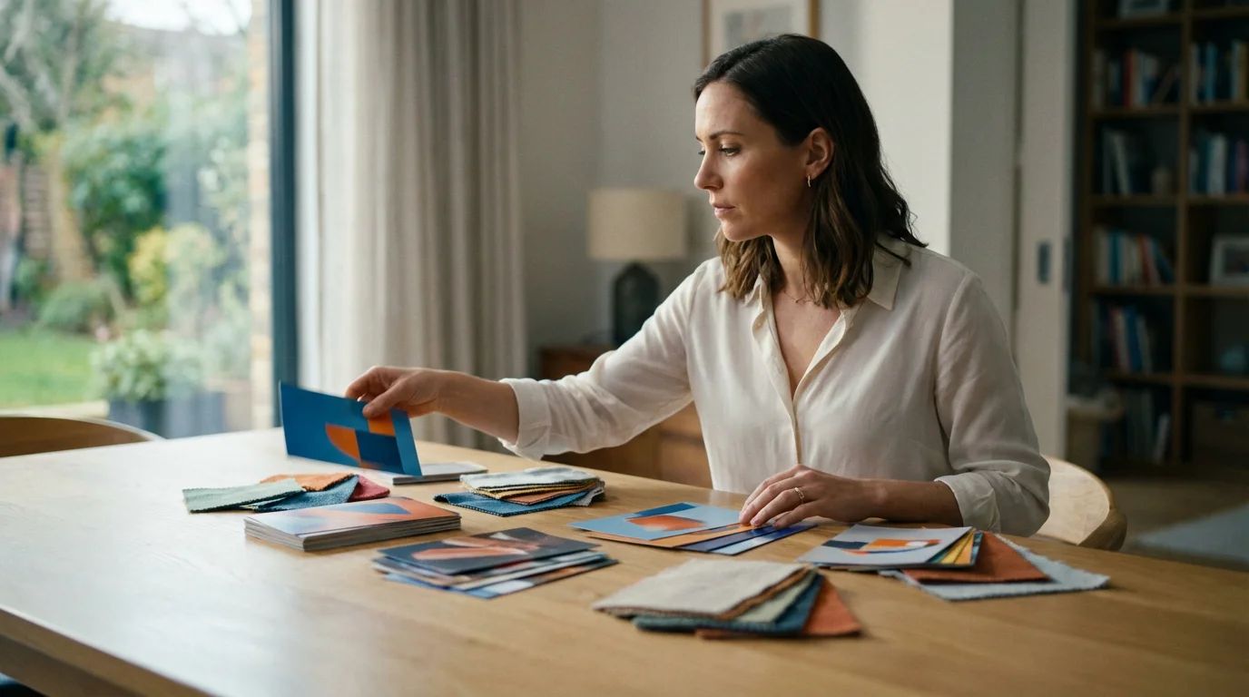 Professional woman sorting abstract cards on a table in a sunlit modern office.