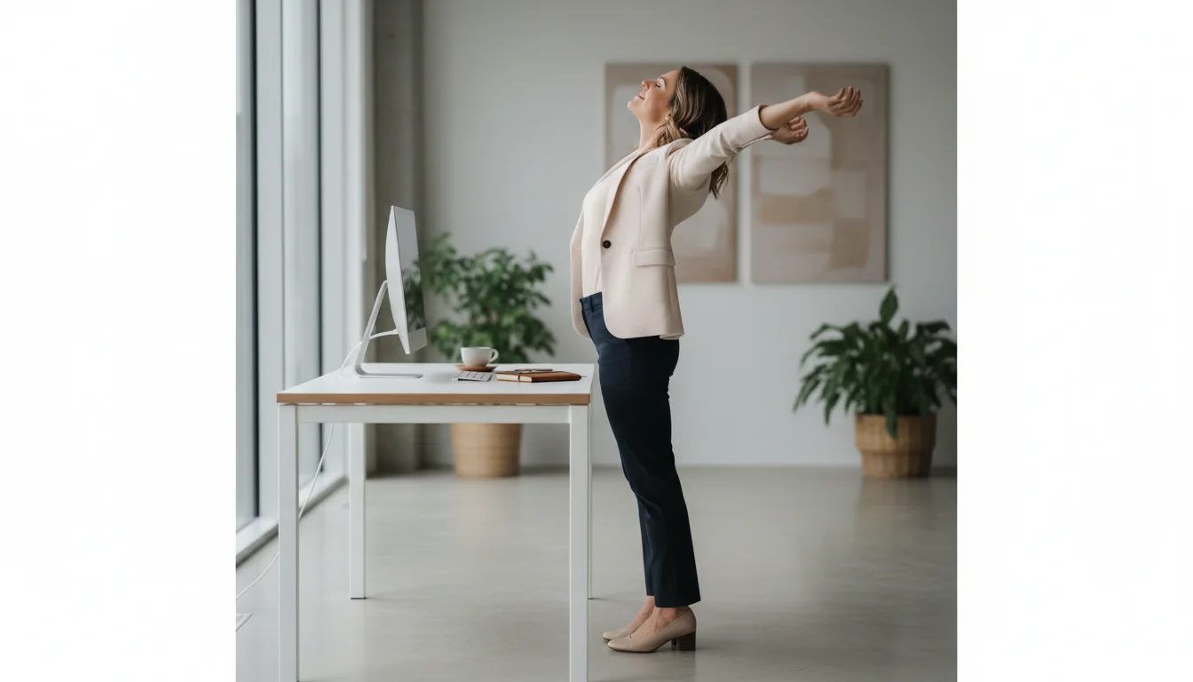 A professional woman gently stretches her arms overhead in a bright, modern office, taking a restorative mental break.