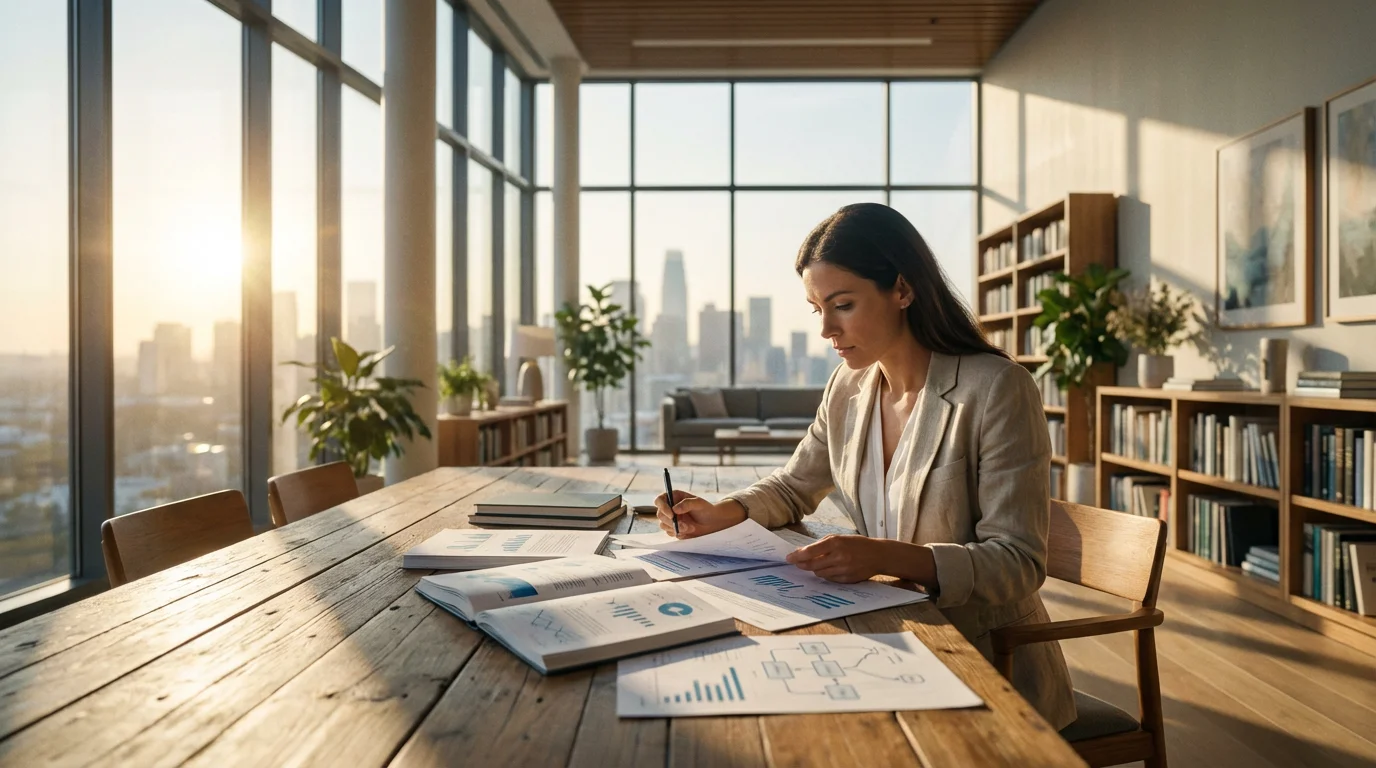 Professional woman studying data charts in a sunlit room for career transition planning.