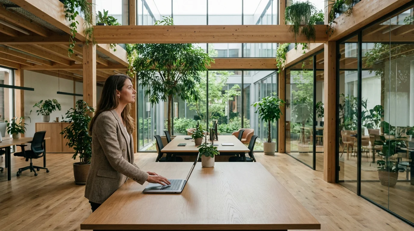 Professional woman thinking at desk in a bright modern office applying prioritization rules.