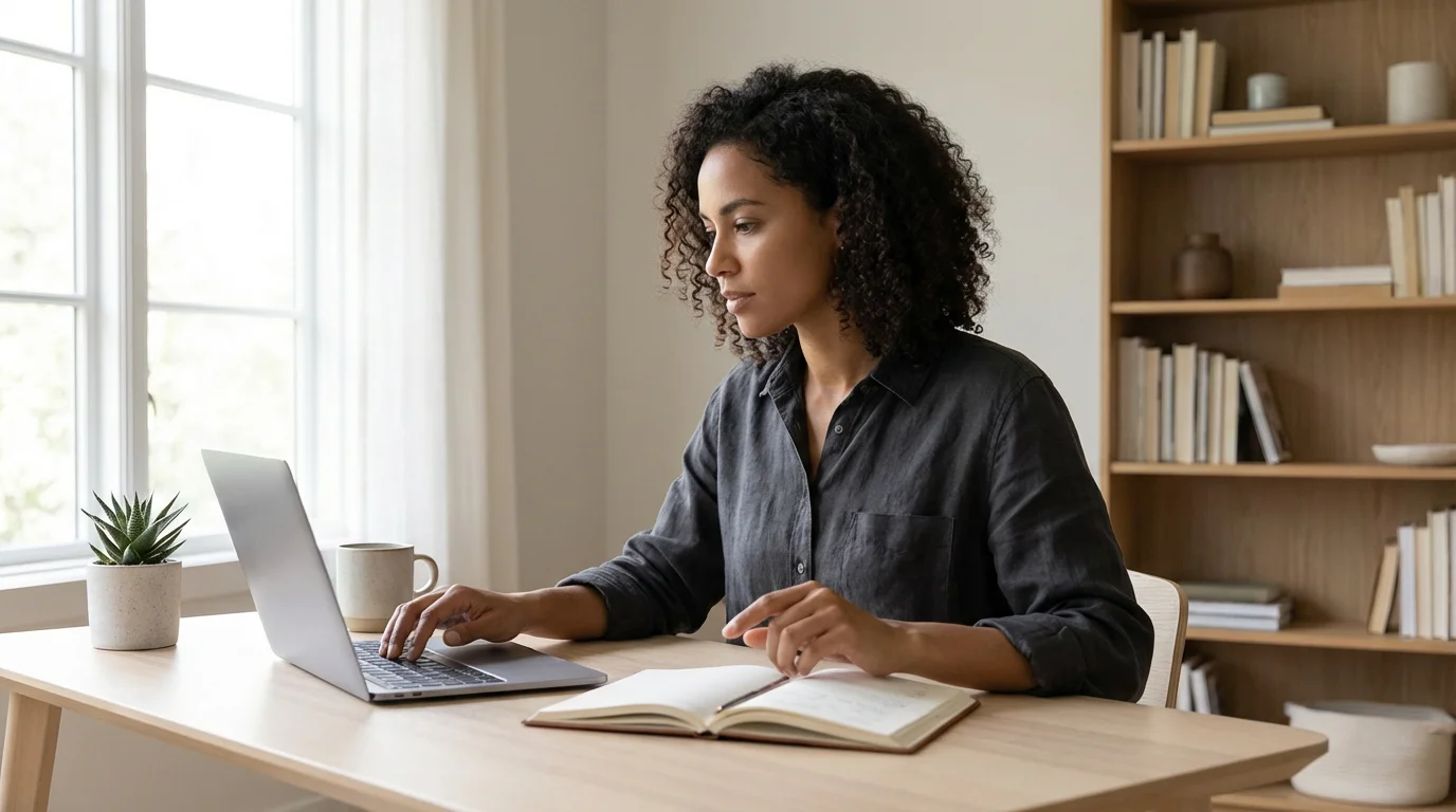 Professional woman working calmly at a clean desk with a laptop and notebook.