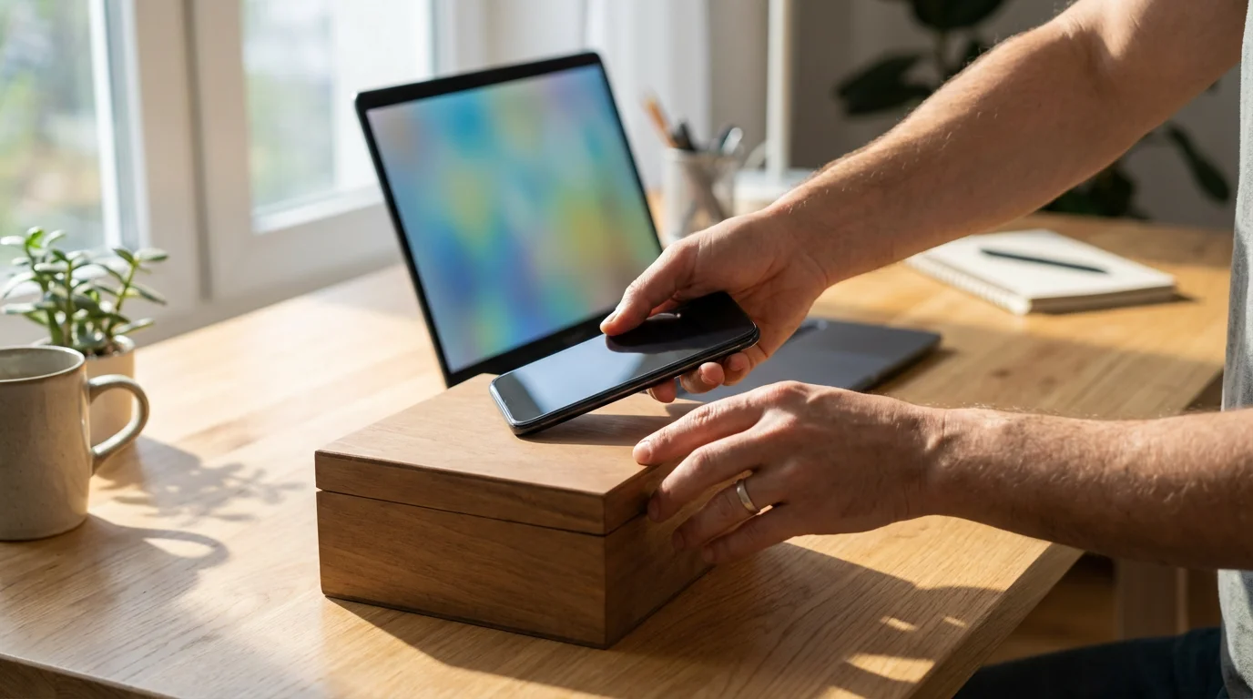 Professional worker intentionally placing their smartphone inside a storage box to block digital distractions.