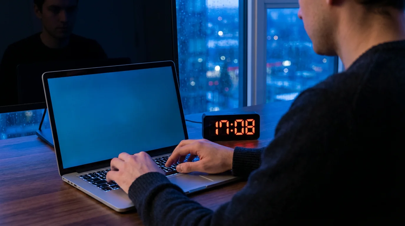 Professional working at a desk with a glowing digital timer during the blue hour.