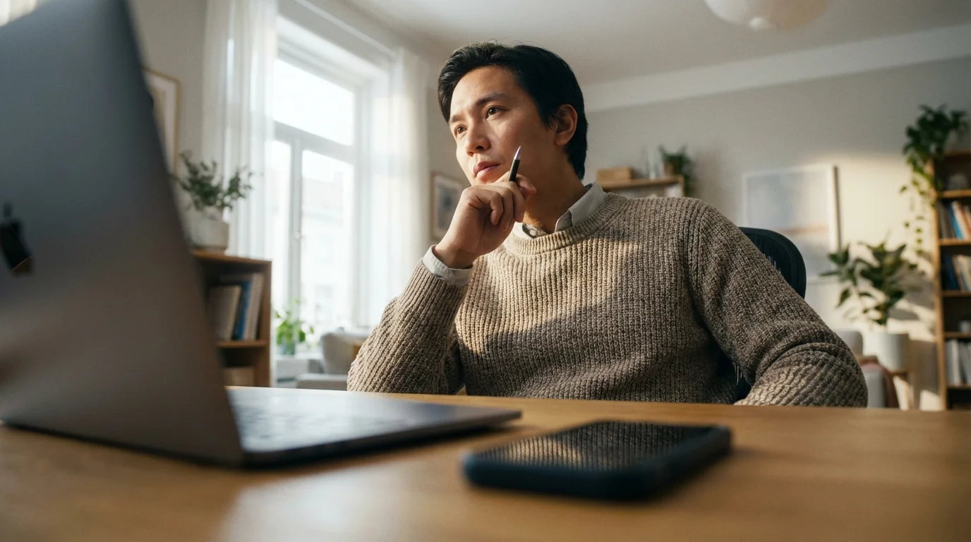 Professional working at home desk in soft morning light, managing hybrid work focus.